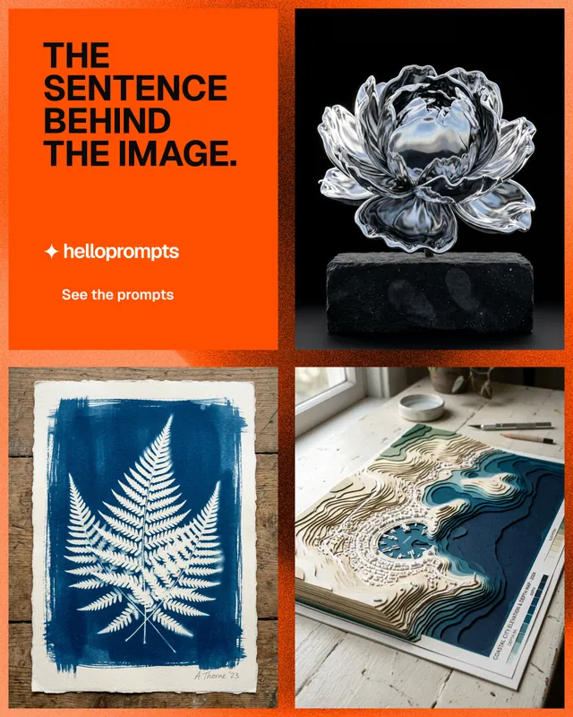 Instagram portrait post for HelloPrompts: "The sentence behind the image." Swiss style, collage layout, dark palette in brown, black, grey.