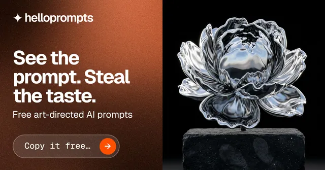 Social ad for HelloPrompts: "See the prompt. Steal the taste." Agentic glass style, bottom layout, dark palette in black, orange, red.