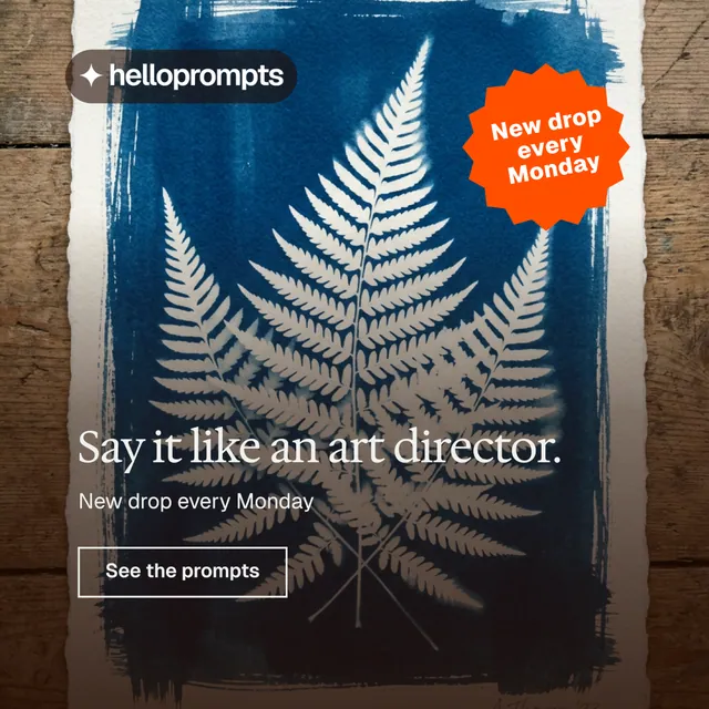 Instagram post for HelloPrompts: "Say it like an art director." Editorial style, sticker layout, dark palette in orange, blue, grey.