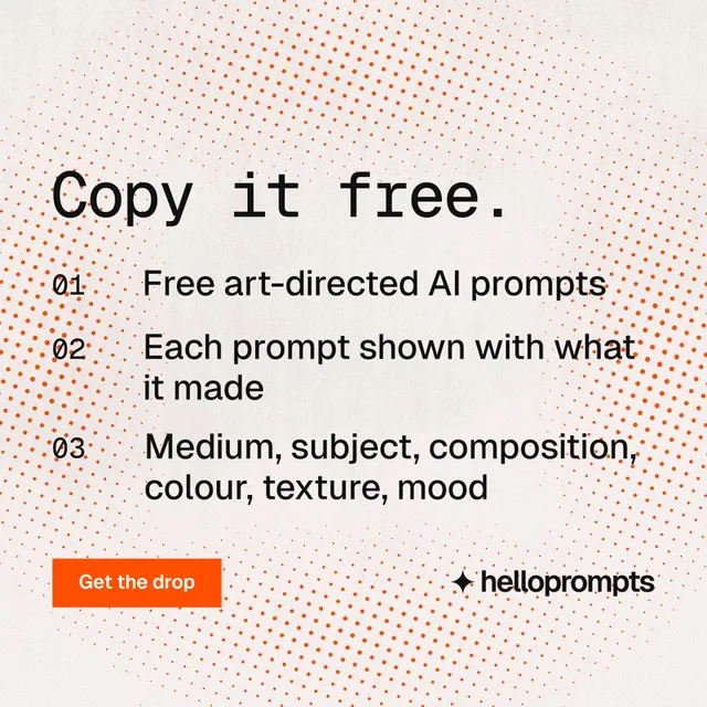 Instagram post for HelloPrompts: "Copy it free." Split block style, numbered layout, light palette in orange, white.