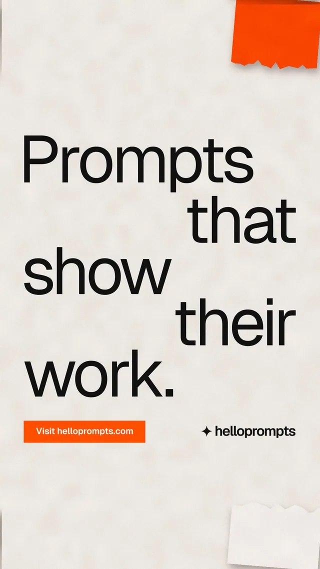 Instagram story for HelloPrompts: "Prompts that show their work." Swiss style, stacked layout, light palette in orange.