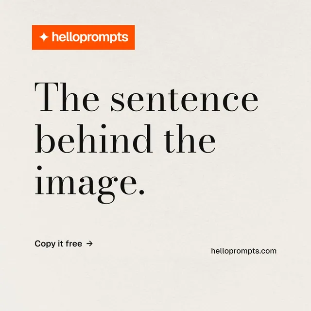 Instagram post for HelloPrompts: "The sentence behind the image." Minimal luxury style, poster layout, light palette in yellow, white, orange.