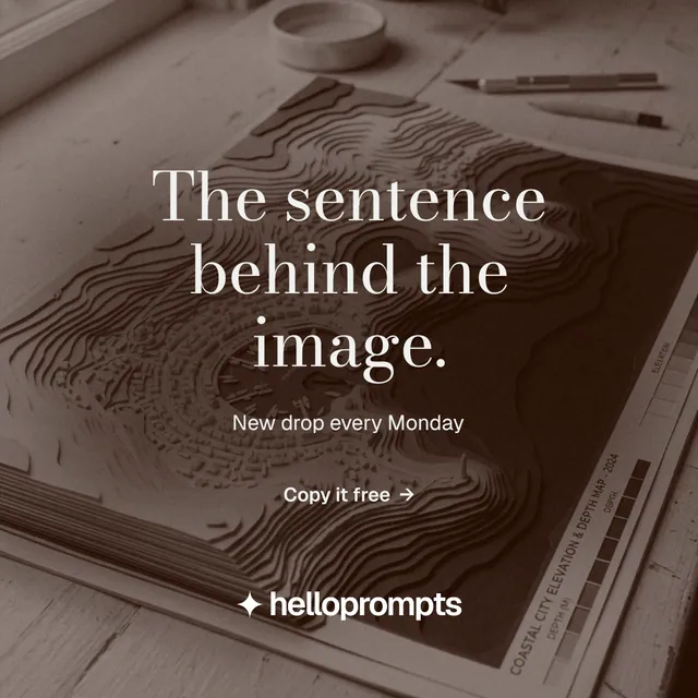Instagram post for HelloPrompts: "The sentence behind the image." Minimal luxury style, centred layout, dark palette in orange, grey.