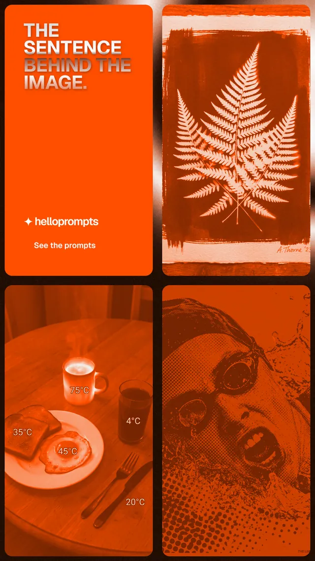 Instagram story for HelloPrompts: "The sentence behind the image." Y2K style, collage layout, dark palette in orange.