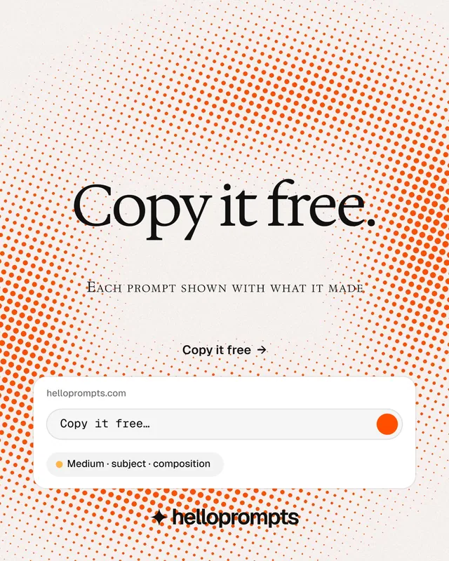 Instagram portrait post for HelloPrompts: "Copy it free." Swiss style, smallcaps layout, light palette in orange, white.