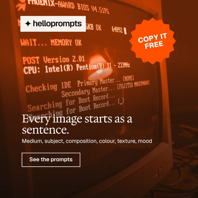 Instagram post for HelloPrompts: "Every image starts as a sentence." Editorial style, sticker layout, dark palette in black, orange.