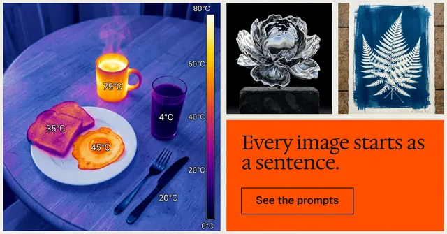 Social ad for HelloPrompts: "Every image starts as a sentence." Editorial style, collage layout, dark palette in grey, blue, red.