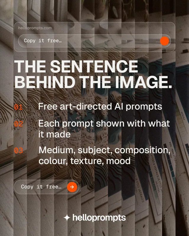 Instagram portrait post for HelloPrompts: "The sentence behind the image." Agentic glass style, numbered layout, dark palette in grey, black.