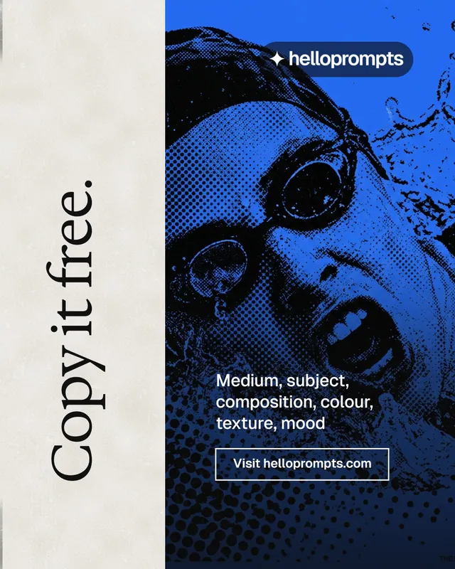 Instagram portrait post for HelloPrompts: "Copy it free." Editorial style, vertical layout, light palette in black, blue, white.