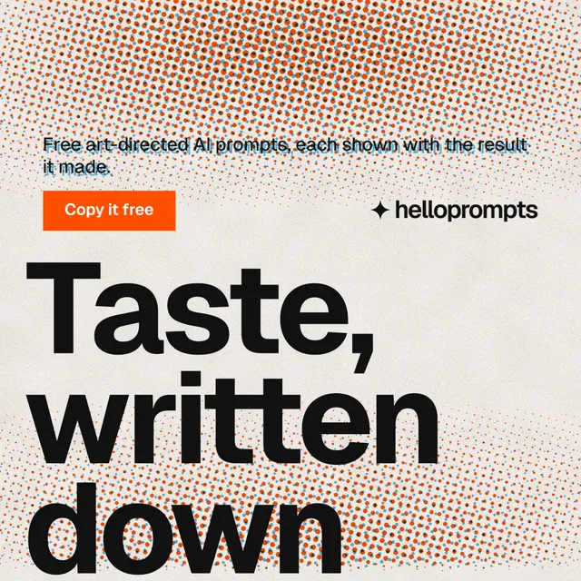 Instagram post for HelloPrompts: "The sentence behind the image." Swiss style, oversized layout, light palette in orange, grey.