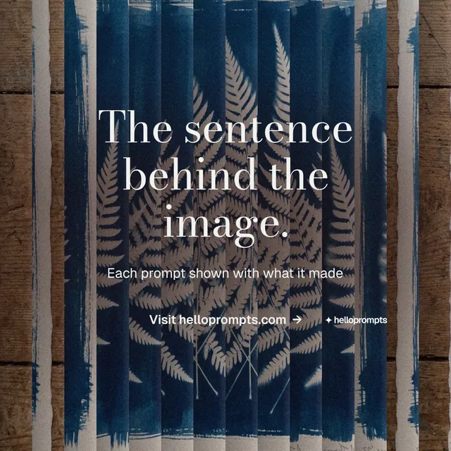 Instagram post for HelloPrompts: "The sentence behind the image." Minimal luxury style, centred layout, dark palette in grey, blue, orange.