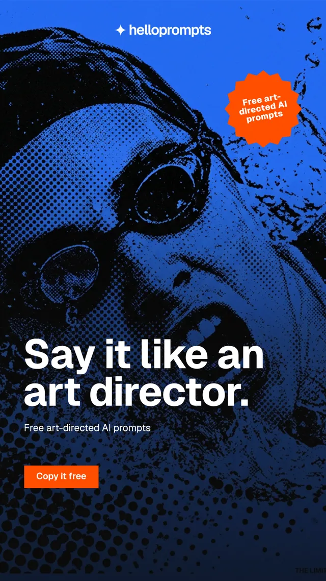 Instagram story for HelloPrompts: "Say it like an art director." Split block style, sticker layout, dark palette in blue, black.