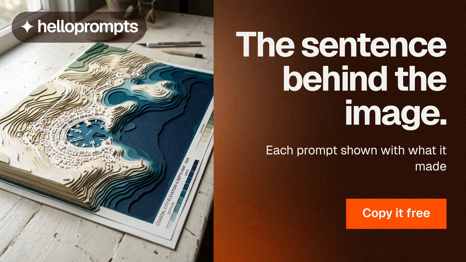 Landscape graphic for HelloPrompts: "The sentence behind the image." Swiss style, right layout, dark palette in black, orange, grey.