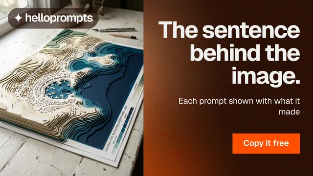 Landscape graphic for HelloPrompts: "The sentence behind the image." Swiss style, right layout, dark palette in black, orange, grey.