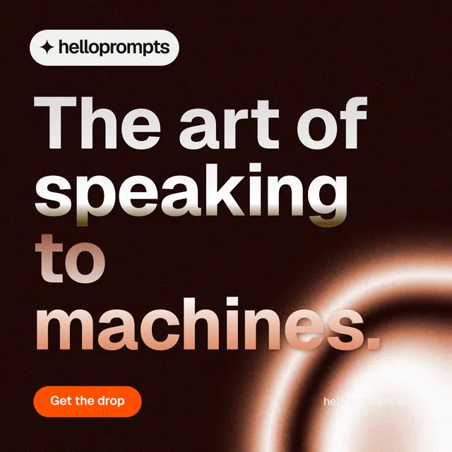 Instagram post for HelloPrompts: "The art of speaking to machines." Y2K style, poster layout, dark palette in black, orange.