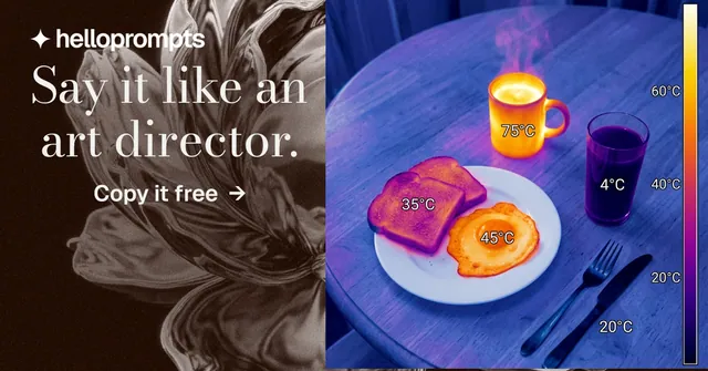 Social ad for HelloPrompts: "Say it like an art director." Minimal luxury style, skeleton layout, dark palette in blue, pink, grey.