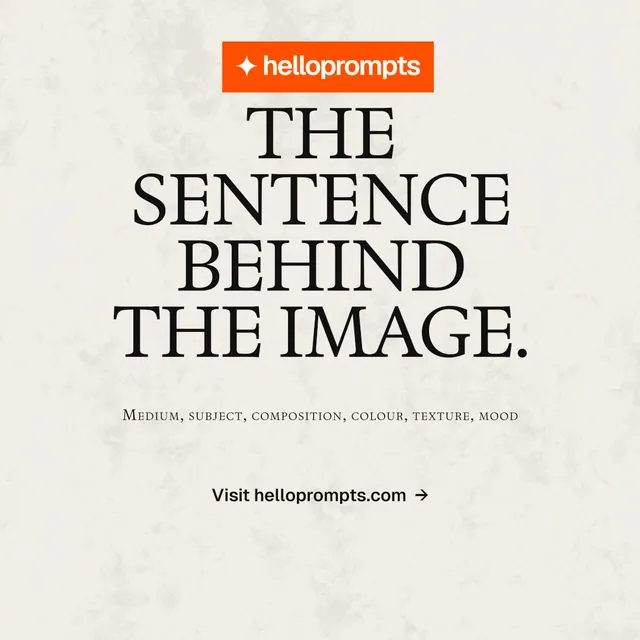 Instagram post for HelloPrompts: "The sentence behind the image." Swiss style, smallcaps layout, light palette in white, yellow, orange.