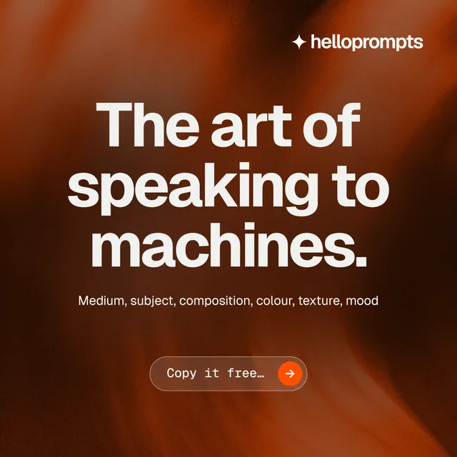 Instagram post for HelloPrompts: "The art of speaking to machines." Agentic glass style, centred layout, dark palette in orange, black, brown.