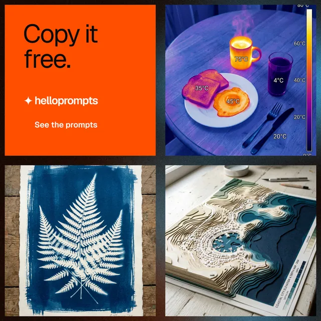 Instagram post for HelloPrompts: "Copy it free." Swiss style, collage layout, dark palette in blue, grey, orange.
