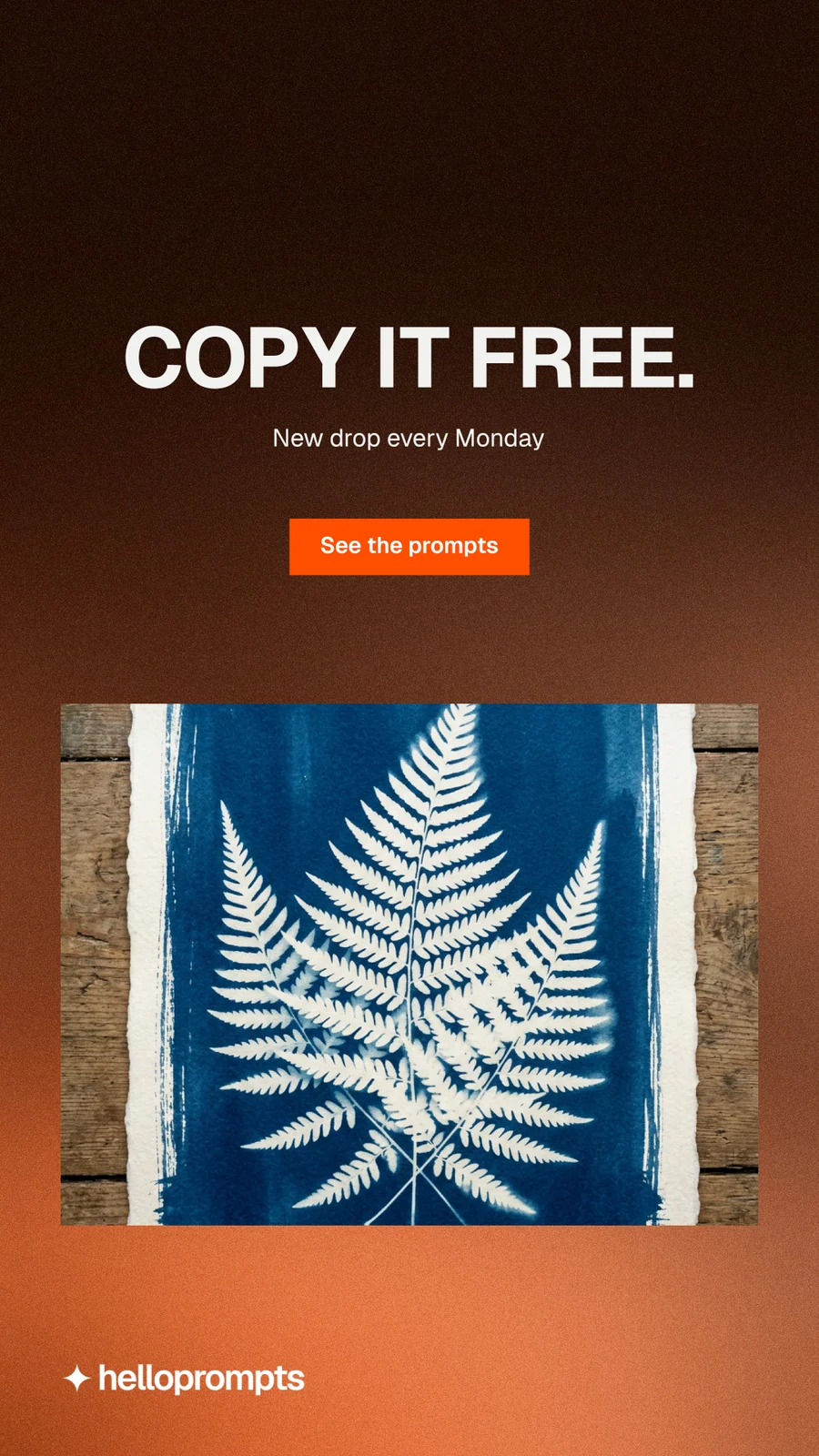 Instagram story for HelloPrompts: "Copy it free." Swiss style, centred layout, dark palette in black, orange, brown.