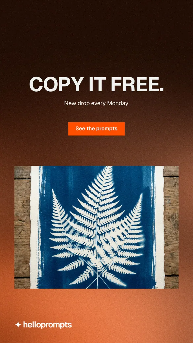 Instagram story for HelloPrompts: "Copy it free." Swiss style, centred layout, dark palette in black, orange, brown.