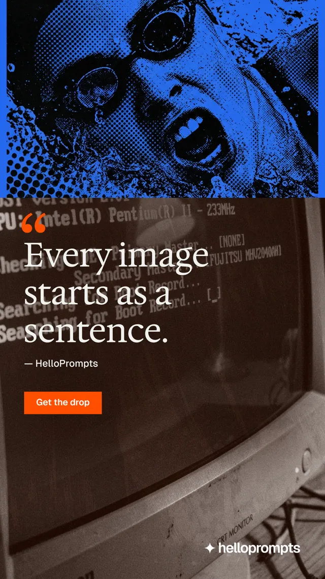 Instagram story for HelloPrompts: "Copy it free." Swiss style, quote layout, dark palette in blue, grey, black.