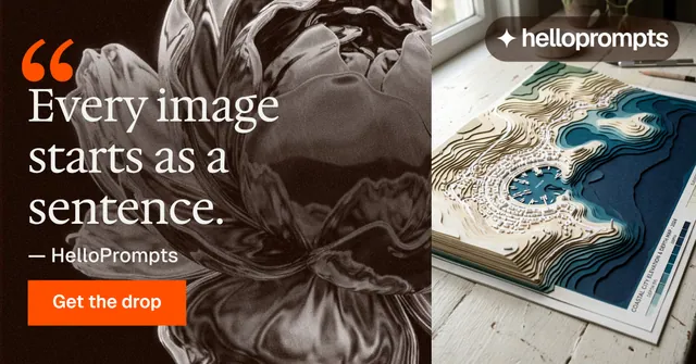 Social ad for HelloPrompts: "Copy it free." Swiss style, quote layout, dark palette in black, orange, grey.