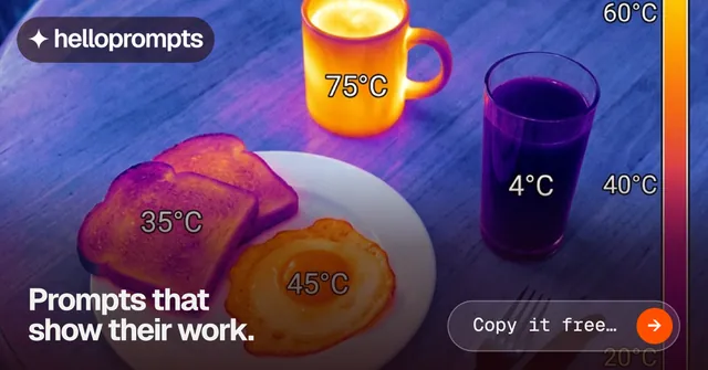 Social ad for HelloPrompts: "Prompts that show their work." Agentic glass style, image led layout, dark palette in purple, blue, pink.