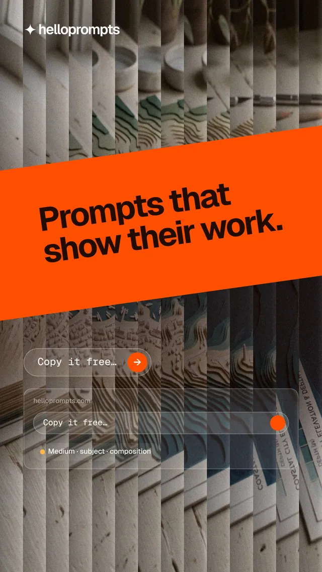 Instagram story for HelloPrompts: "Prompts that show their work." Agentic glass style, diagonal layout, dark palette in grey, orange, black.
