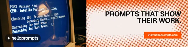 LinkedIn banner for HelloPrompts: "Prompts that show their work." Split block style, right layout, light palette in blue, orange, red.