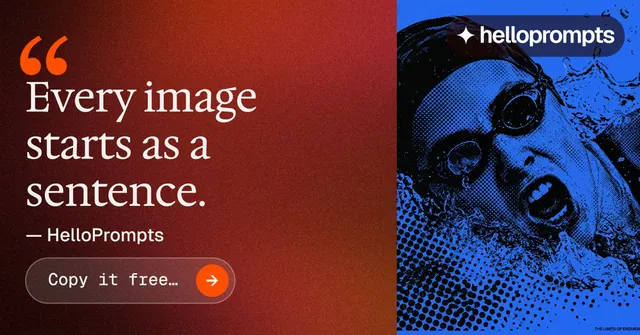 Social ad for HelloPrompts: "The sentence behind the image." Agentic glass style, quote layout, dark palette in red, black, blue.