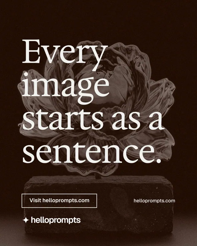 Instagram portrait post for HelloPrompts: "Every image starts as a sentence." Editorial style, poster layout, dark palette in black, orange, grey.