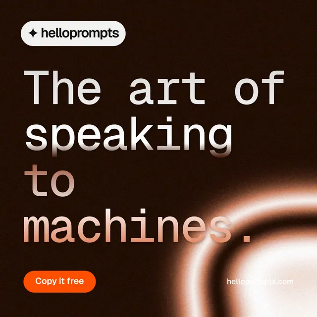 Instagram post for HelloPrompts: "The art of speaking to machines." Y2K style, poster layout, dark palette in black, orange.