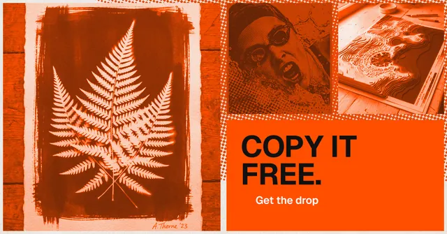Social ad for HelloPrompts: "Copy it free." Swiss style, collage layout, light palette in orange.