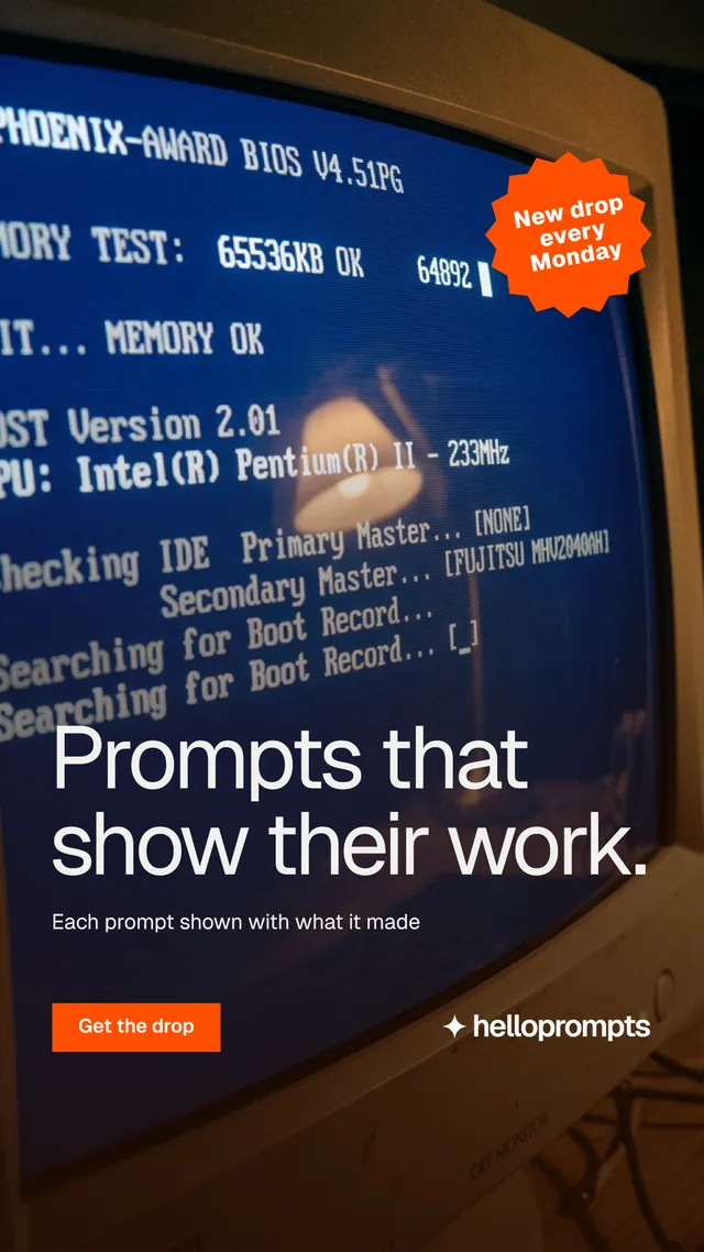 Instagram story for HelloPrompts: "Prompts that show their work." Swiss style, sticker layout, dark palette in orange, blue, grey.