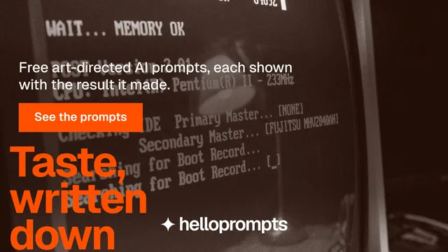 Landscape graphic for HelloPrompts: "The art of speaking to machines." Swiss style, oversized layout, dark palette in orange, black, brown.