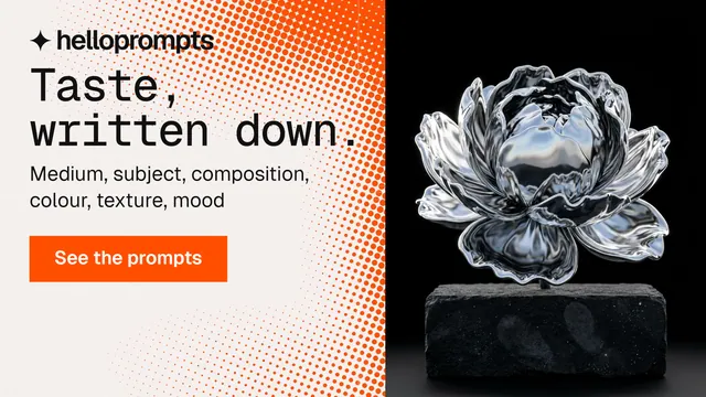 Landscape graphic for HelloPrompts: "Taste, written down." Split block style, skeleton layout, light palette in black, orange, white.