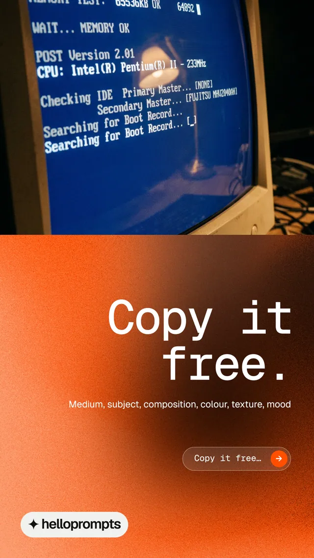 Instagram story for HelloPrompts: "Copy it free." Agentic glass style, right layout, dark palette in blue, orange.