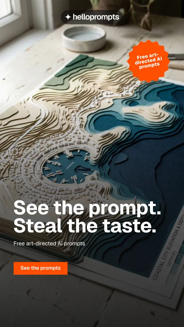 Instagram story for HelloPrompts: "See the prompt. Steal the taste." Swiss style, sticker layout, dark palette in grey, black, orange.