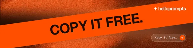 LinkedIn banner for HelloPrompts: "Copy it free." Agentic glass style, diagonal layout, dark palette in orange.