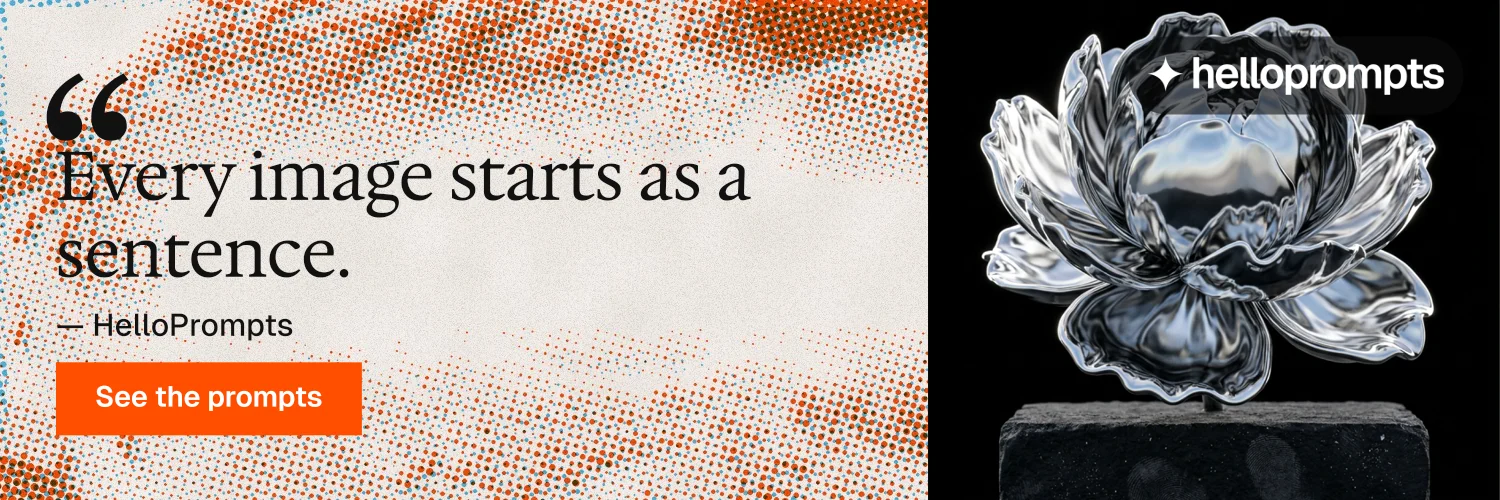 X header for HelloPrompts: "Taste, written down." Swiss style, quote layout, light palette in orange, black, grey.