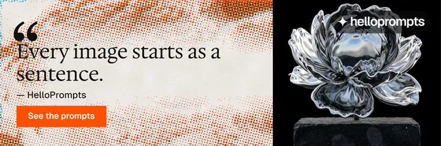 X header for HelloPrompts: "Taste, written down." Swiss style, quote layout, light palette in orange, black, grey.