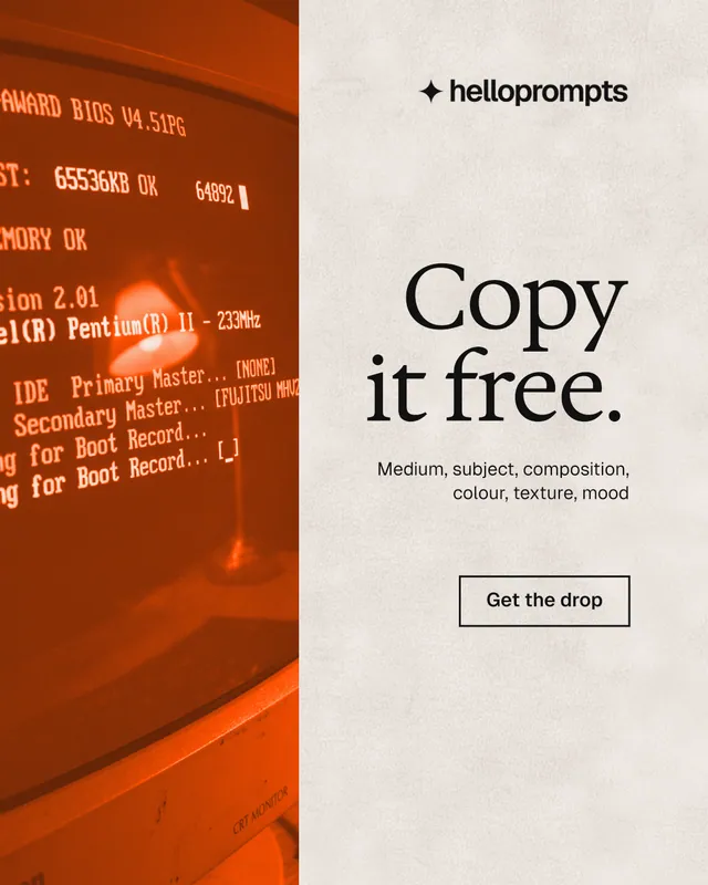 Instagram portrait post for HelloPrompts: "Copy it free." Editorial style, right layout, light palette in orange, brown.
