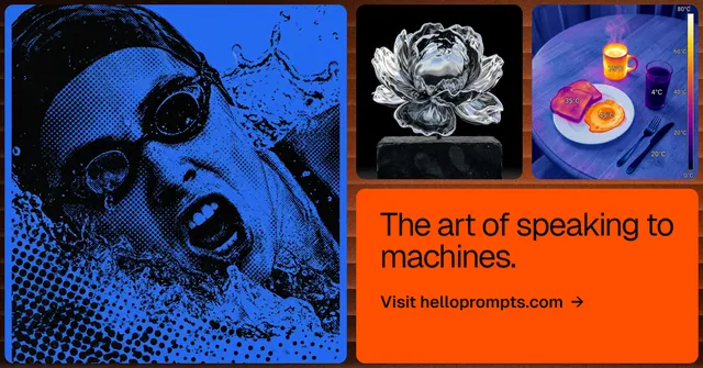 Social ad for HelloPrompts: "The art of speaking to machines." Agentic glass style, collage layout, dark palette in black, red, blue.