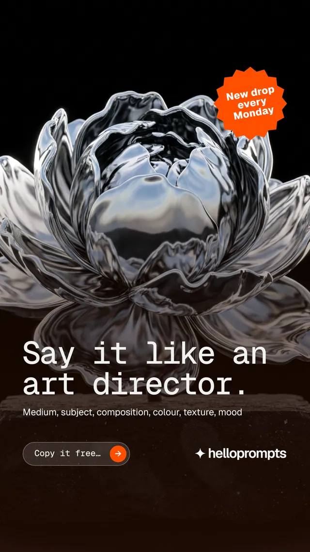 Instagram story for HelloPrompts: "Say it like an art director." Agentic glass style, sticker layout, dark palette in black, grey.