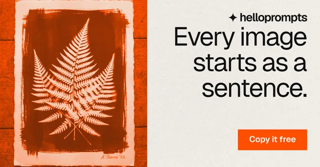 Social ad for HelloPrompts: "Every image starts as a sentence." Swiss style, right layout, light palette in orange, yellow.