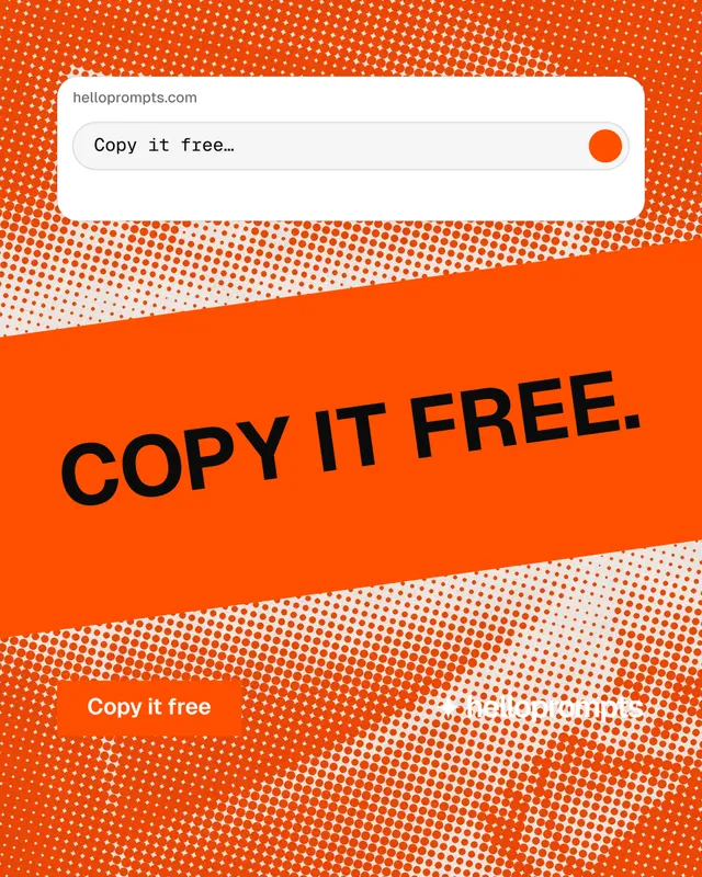 Instagram portrait post for HelloPrompts: "Copy it free." Retro print style, diagonal layout, light palette in orange.