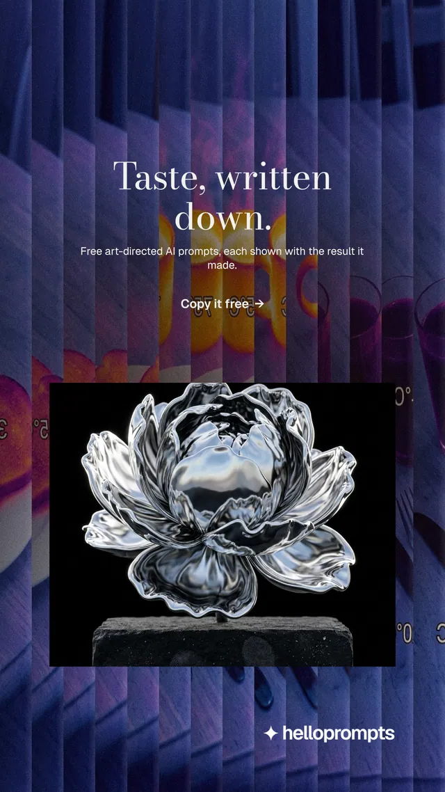 Instagram story for HelloPrompts: "Taste, written down." Minimal luxury style, centred layout, dark palette in purple, blue, black.