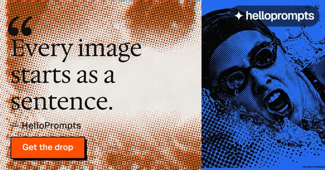 Social ad for HelloPrompts: "Copy it free." Brutalist style, quote layout, light palette in orange, grey, blue.