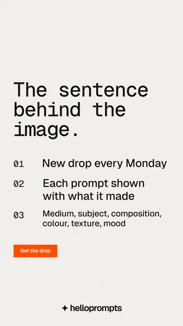 Instagram story for HelloPrompts: "The sentence behind the image." Swiss style, numbered layout, light palette in white, grey.
